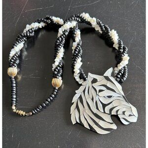 Vintage Zebra Mother Of Pearl Chunky Necklace Black White